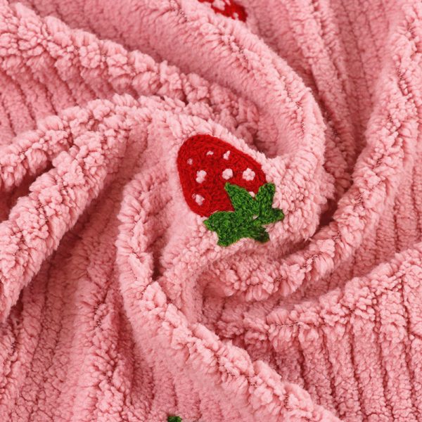 Stripped Shu Velveteen Strawberry Fruit Embroidery Pink Cotton Soft Fleece 230gsm