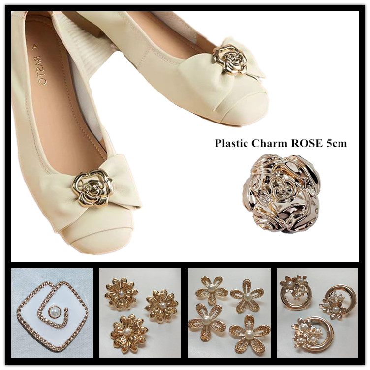 Plastic Cheap Clip On Gold Rose Flower Charm for Lady High Heels Decorative Buckle