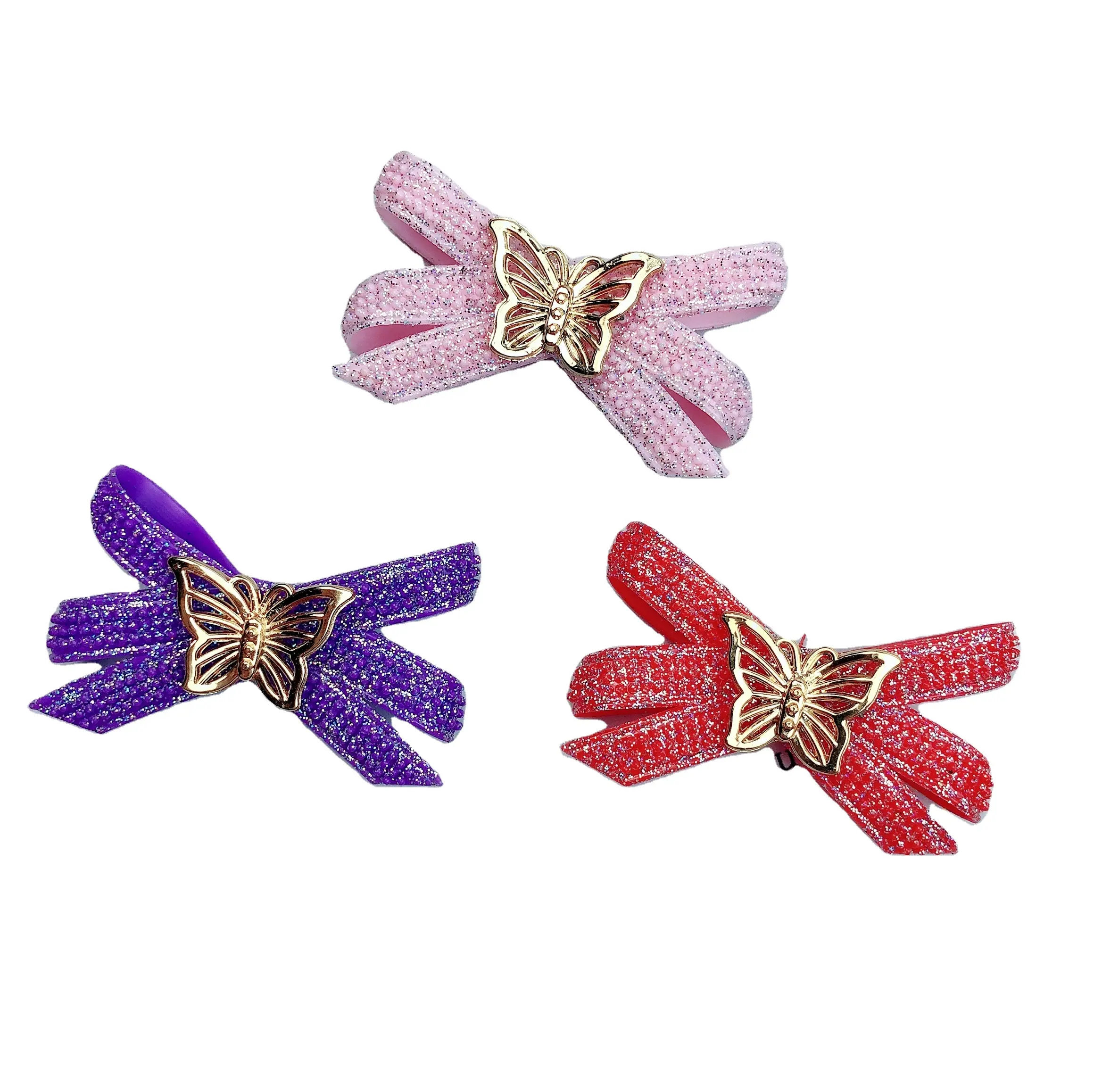 Hot Factory Wholesale Leisure Plastic Bow Knot with Shinny Glitters Shoe Buckle Trim